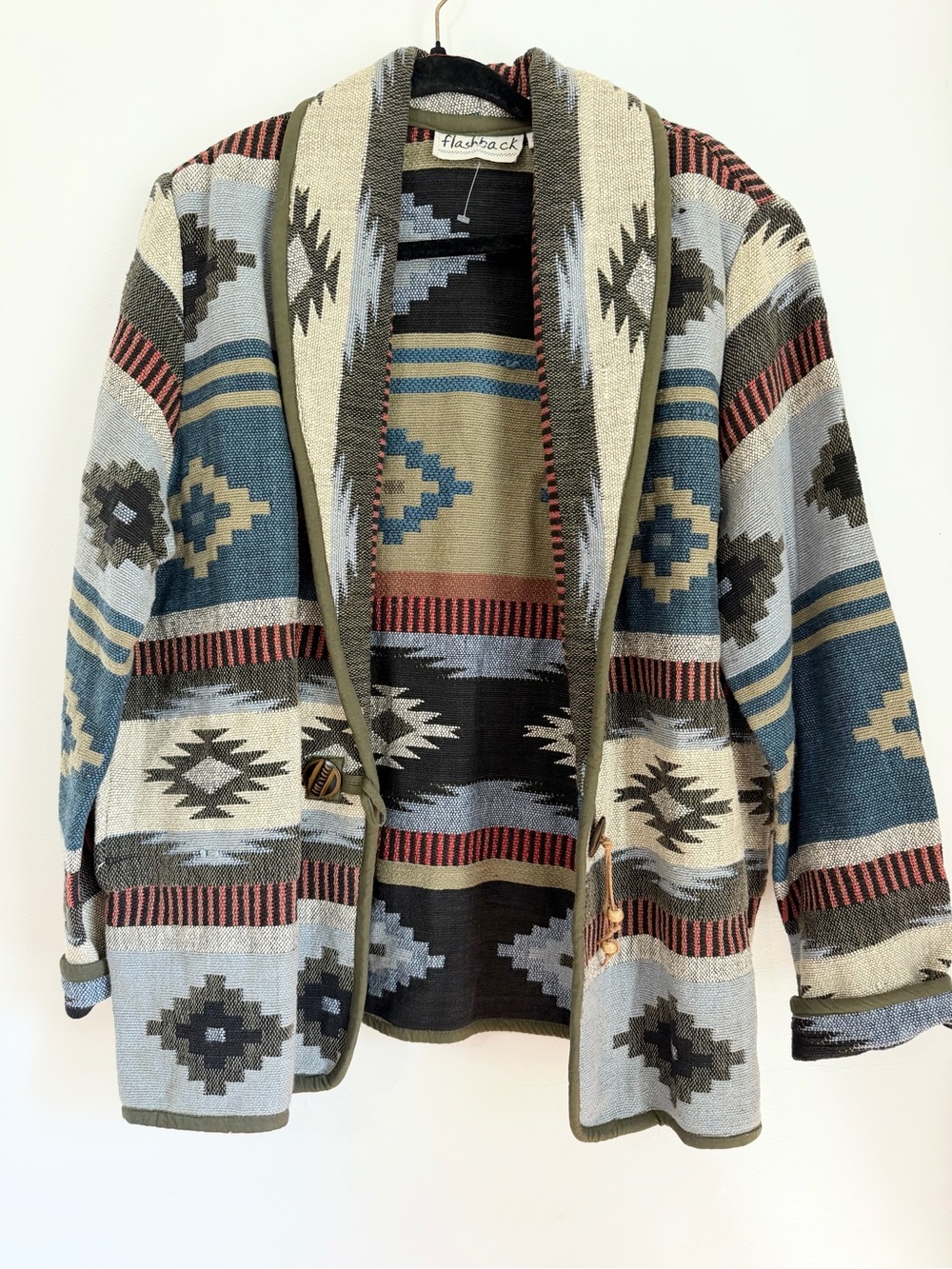 UNIQUE OS Vtg flashback cardigan Tapestry Blanket Sweater Jacket USA Aztec m